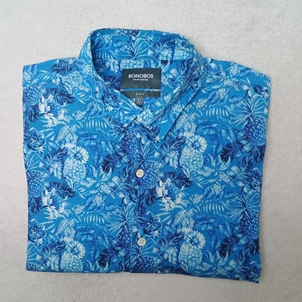 Bonobos Shirt Mens L Blue Floral Hawaiian Slim Button-Up Collared Long Sleeve